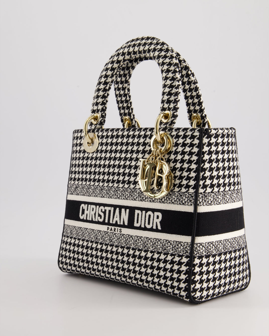 *RARE* Christian Top quality Dior Black & White Houndstooth Medium Lady Top quality Dior Bag in Canvas with Champagne Gold Hardware