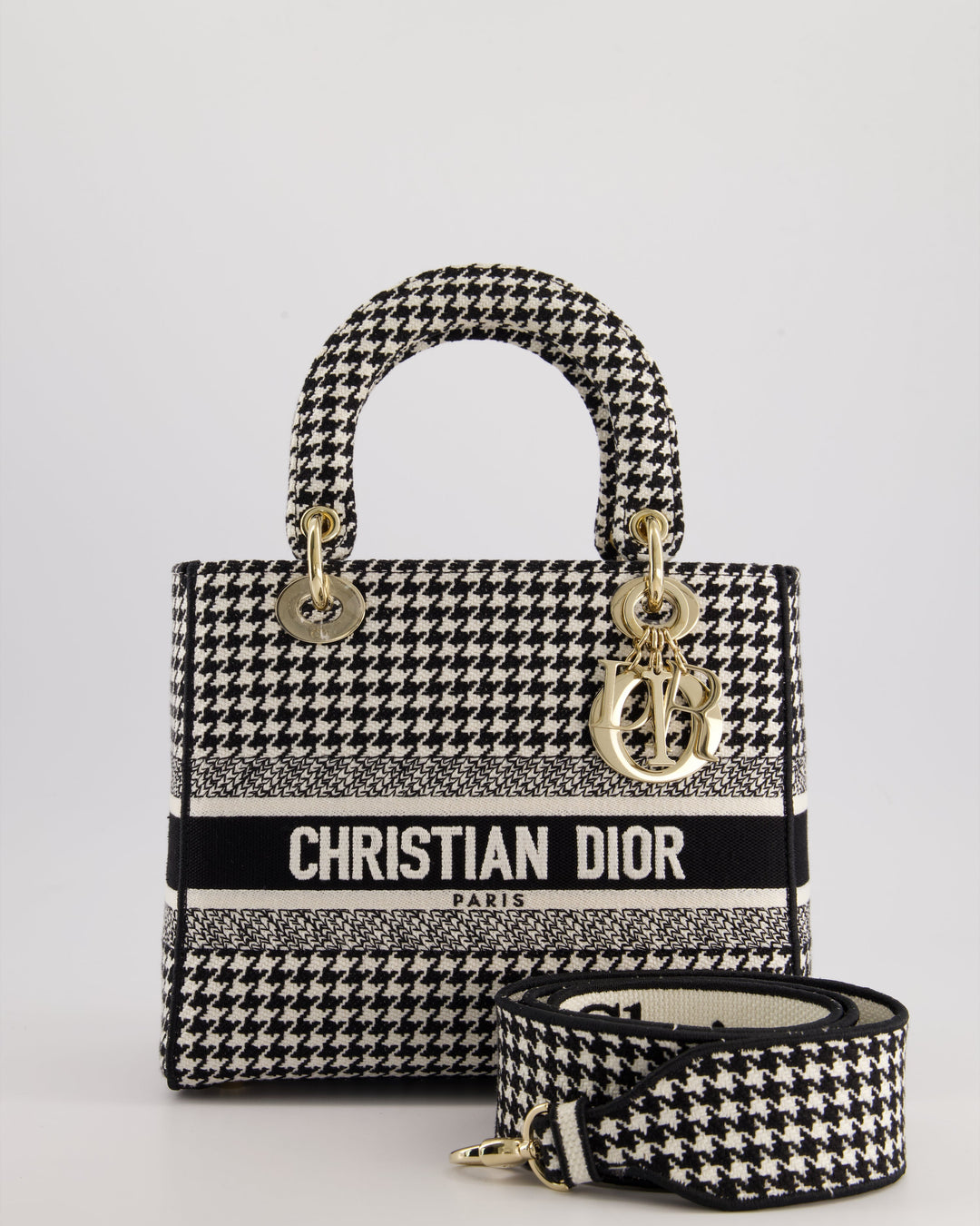 *RARE* Christian Top quality Dior Black & White Houndstooth Medium Lady Top quality Dior Bag in Canvas with Champagne Gold Hardware