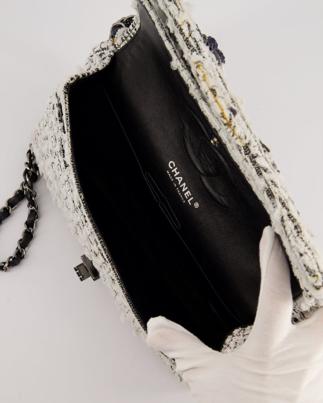 Top Quality Chanel White and Black Tweed Medium Reissue Double Flap Bag with Embellished Detail and Gun-Metal Hardware RRP ¬£8,180