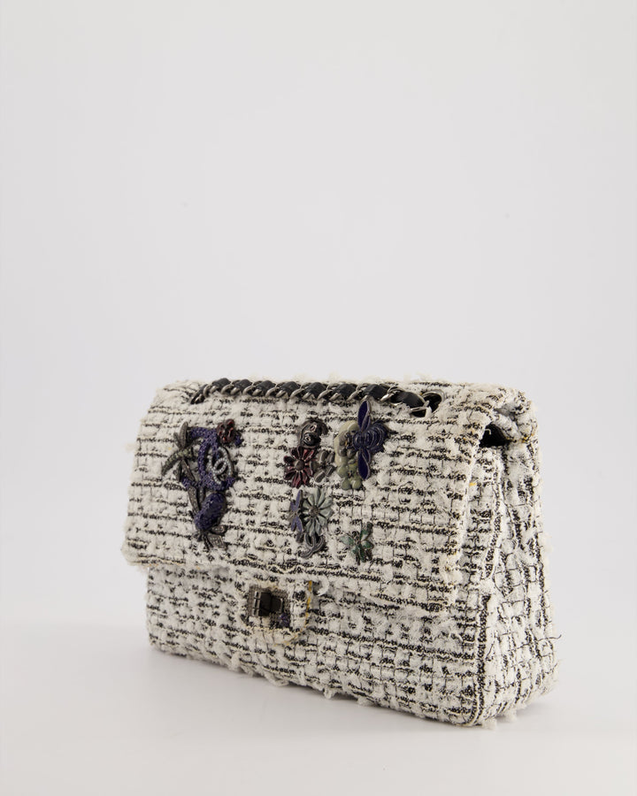 Top Quality Chanel White and Black Tweed Medium Reissue Double Flap Bag with Embellished Detail and Gun-Metal Hardware RRP ¬£8,180