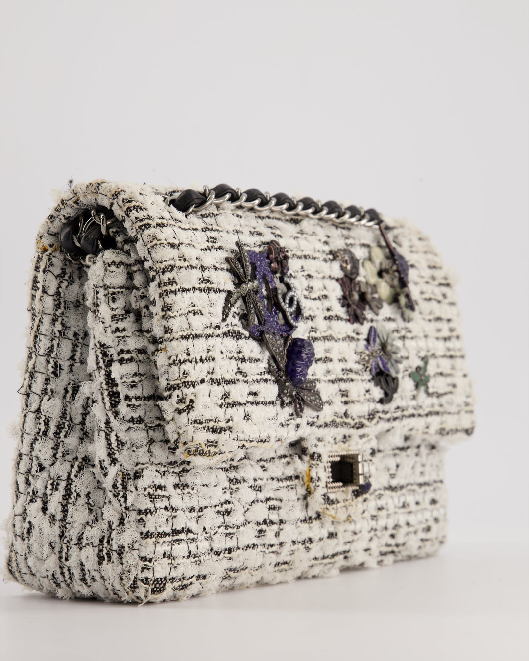 Top Quality Chanel White and Black Tweed Medium Reissue Double Flap Bag with Embellished Detail and Gun-Metal Hardware RRP ¬£8,180