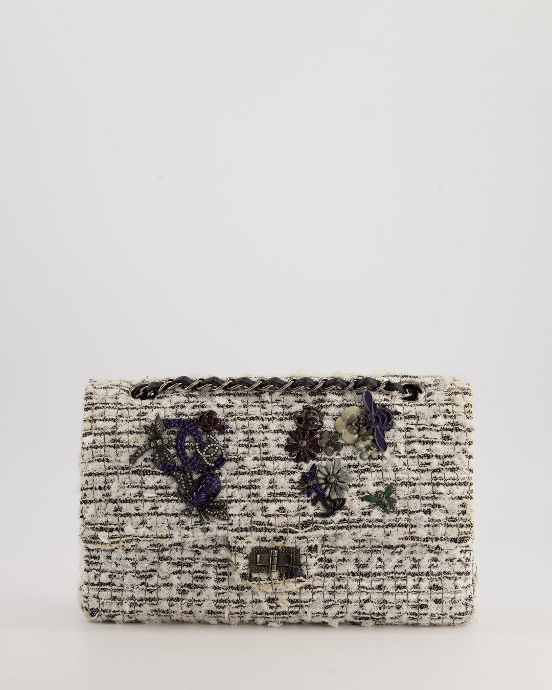 Top Quality Chanel White and Black Tweed Medium Reissue Double Flap Bag with Embellished Detail and Gun-Metal Hardware RRP ¬£8,180
