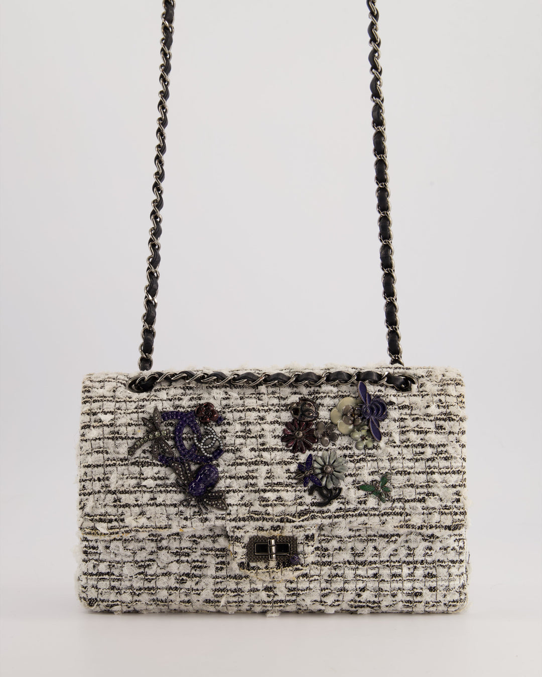 Top Quality Chanel White and Black Tweed Medium Reissue Double Flap Bag with Embellished Detail and Gun-Metal Hardware RRP ¬£8,180