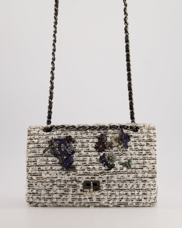 Top Quality Chanel White and Black Tweed Medium Reissue Double Flap Bag with Embellished Detail and Gun-Metal Hardware RRP ¬£8,180