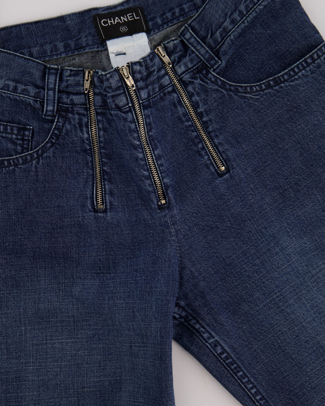 Top Quality Chanel Vintage 01/A Washed Blue Denim 3 Zip Jeans Size FR 38 (UK 10)