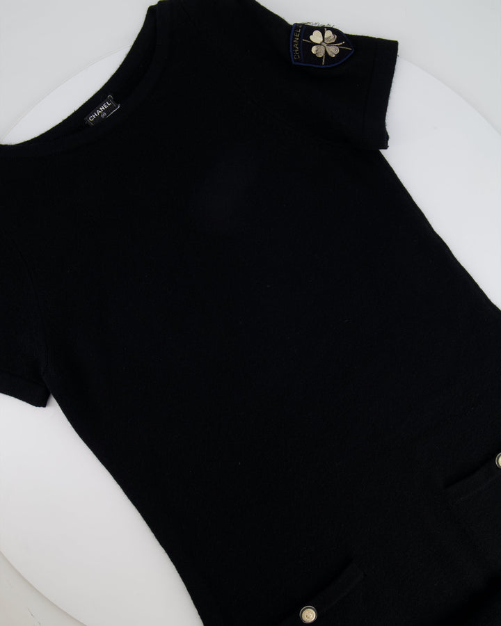Top Quality Chanel Black Dress with Gold Logo Patch Detail Size FR 42 (UK 14)
