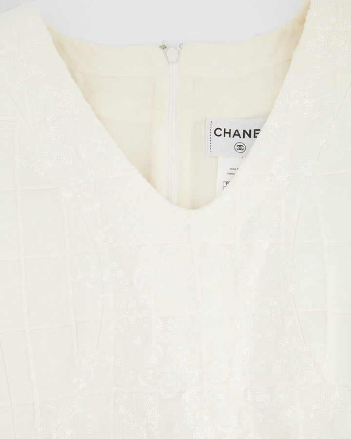 Top Quality Chanel White Mini Dress With Floral Sequin Detail Size FR 42 (UK 14)