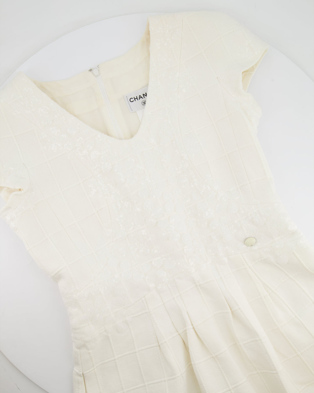 Top Quality Chanel White Mini Dress With Floral Sequin Detail Size FR 42 (UK 14)