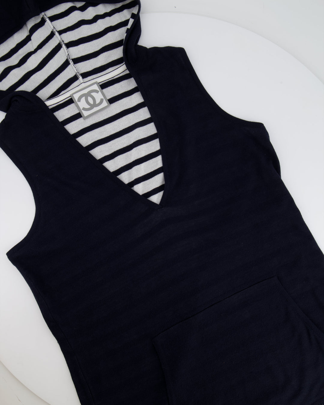 Top Quality Chanel 09P Navy and White Sleeveless Hoodie Top with Logo Details Size FR 42 (UK 14)