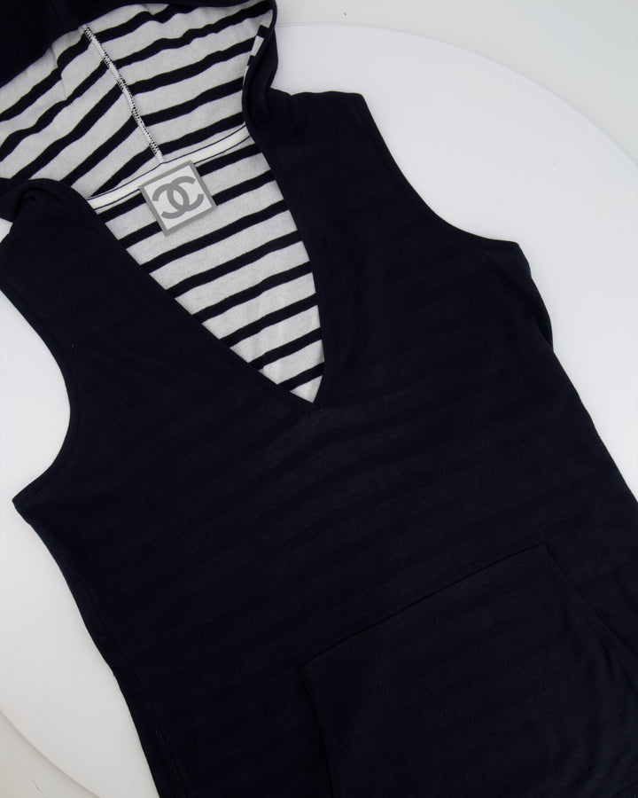 Top Quality Chanel 09P Navy and White Sleeveless Hoodie Top with Logo Details Size FR 42 (UK 14)