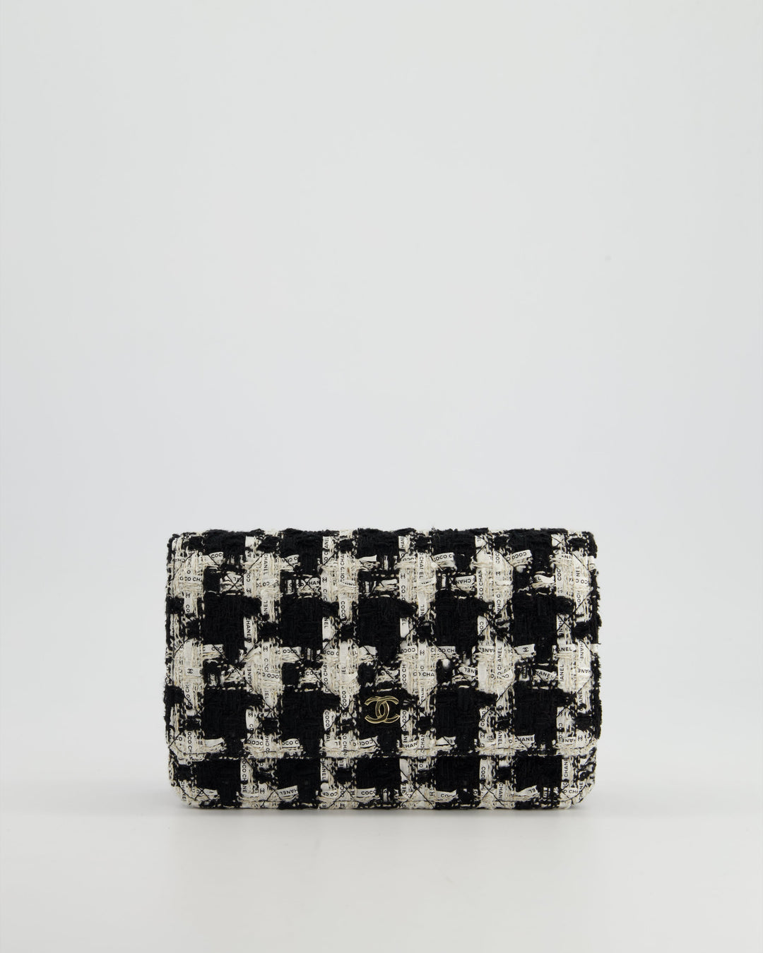 *HOT* Top Quality Chanel Black & White Houndstooth Wallet on Chain Bag in Tweed with Champagne Gold Hardware