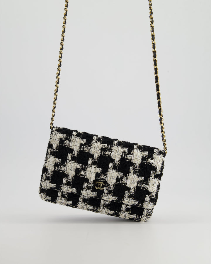 *HOT* Top Quality Chanel Black & White Houndstooth Wallet on Chain Bag in Tweed with Champagne Gold Hardware