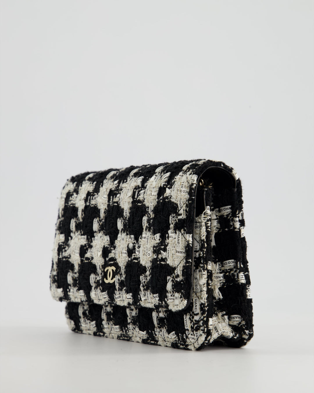 *HOT* Top Quality Chanel Black & White Houndstooth Wallet on Chain Bag in Tweed with Champagne Gold Hardware