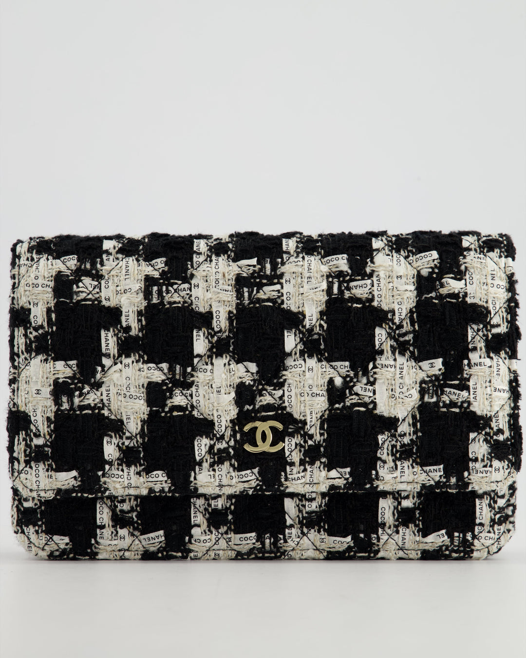 *HOT* Top Quality Chanel Black & White Houndstooth Wallet on Chain Bag in Tweed with Champagne Gold Hardware
