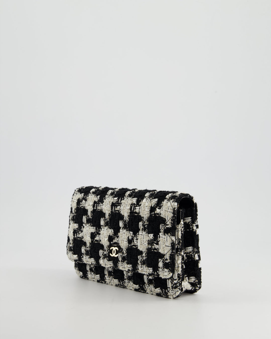 *HOT* Top Quality Chanel Black & White Houndstooth Wallet on Chain Bag in Tweed with Champagne Gold Hardware