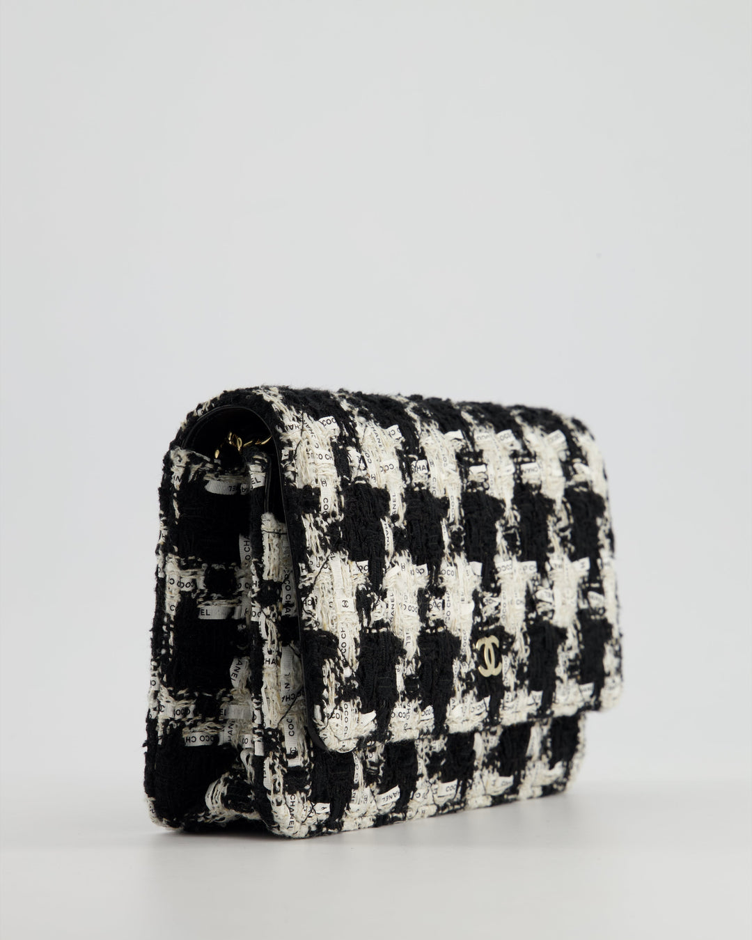 *HOT* Top Quality Chanel Black & White Houndstooth Wallet on Chain Bag in Tweed with Champagne Gold Hardware