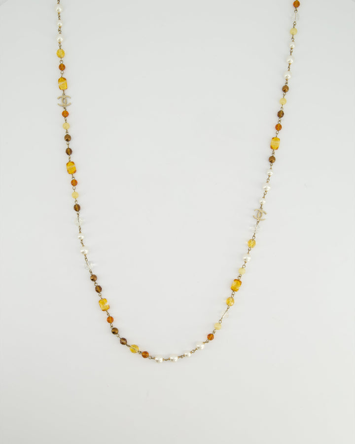 *HOT* Top Quality Chanel Brown Glass Pearls and Gold CC Logo Necklace