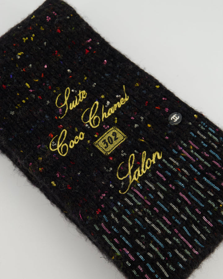 Top Quality Chanel Charcoal Alpaca Wool Scarf With Multi Colour Sequin Details and Gold Embroidery