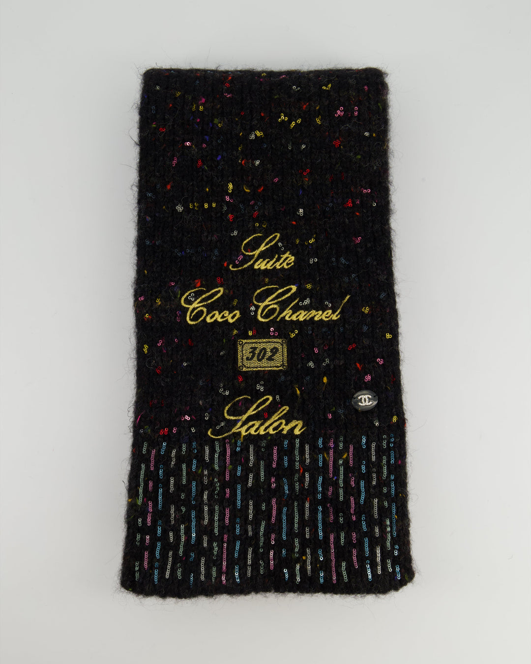 Top Quality Chanel Charcoal Alpaca Wool Scarf With Multi Colour Sequin Details and Gold Embroidery