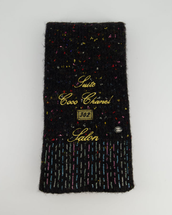 Top Quality Chanel Charcoal Alpaca Wool Scarf With Multi Colour Sequin Details and Gold Embroidery
