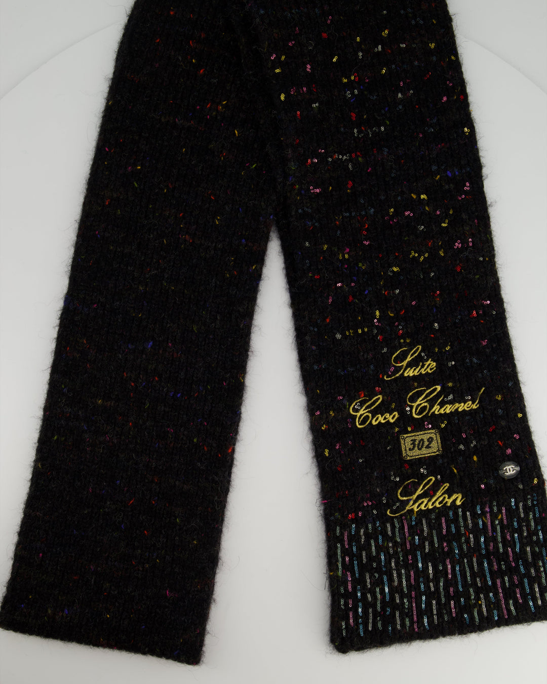 Top Quality Chanel Charcoal Alpaca Wool Scarf With Multi Colour Sequin Details and Gold Embroidery