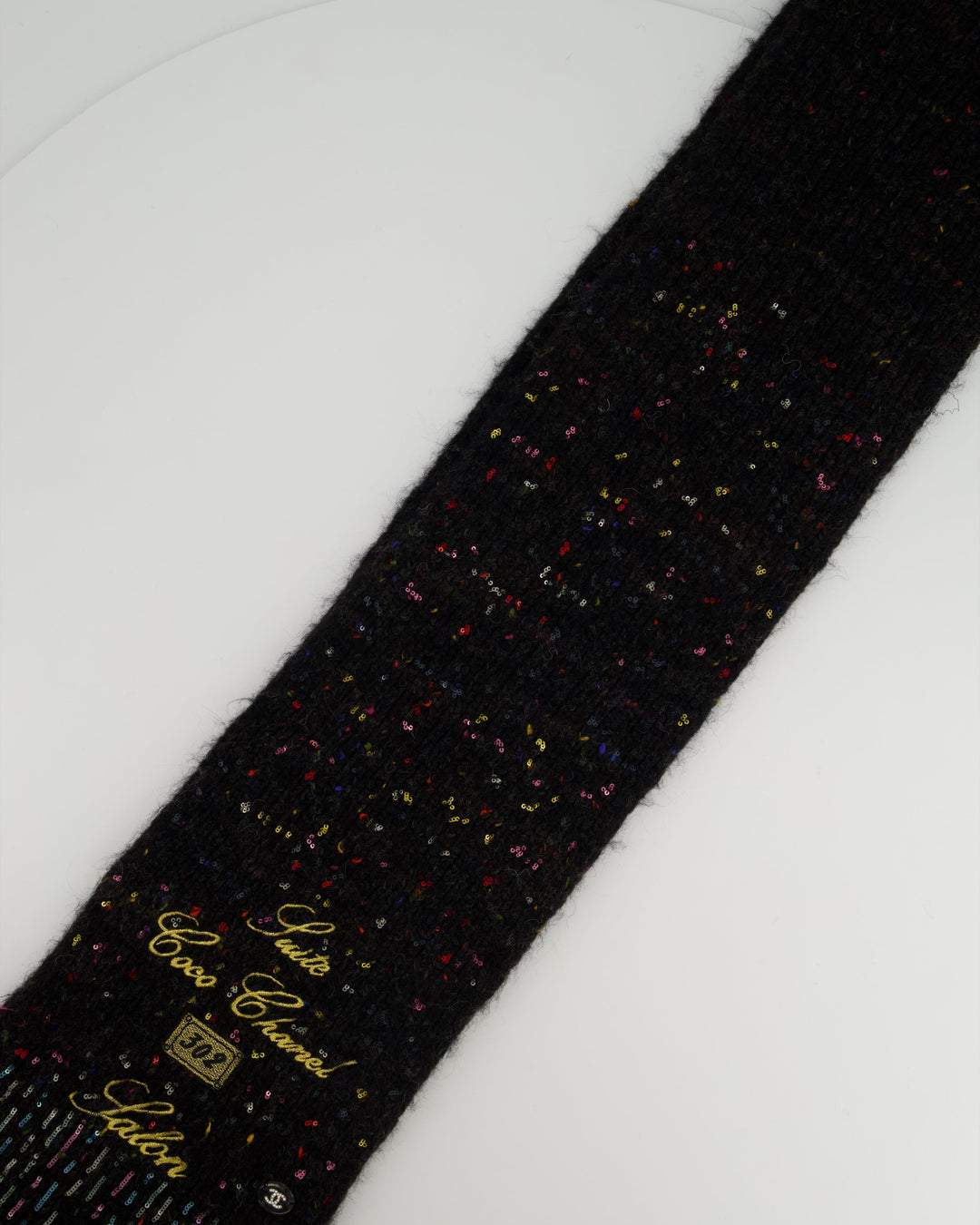 Top Quality Chanel Charcoal Alpaca Wool Scarf With Multi Colour Sequin Details and Gold Embroidery