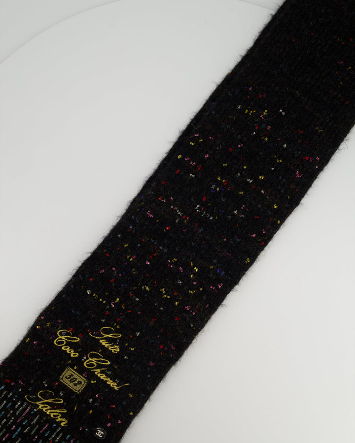 Top Quality Chanel Charcoal Alpaca Wool Scarf With Multi Colour Sequin Details and Gold Embroidery