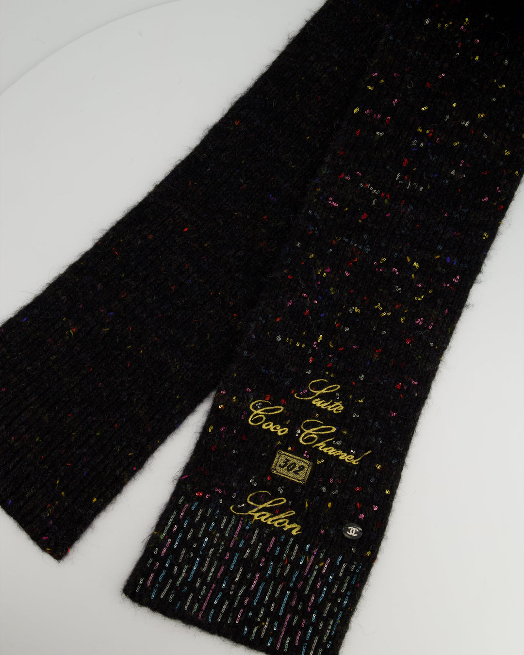 Top Quality Chanel Charcoal Alpaca Wool Scarf With Multi Colour Sequin Details and Gold Embroidery