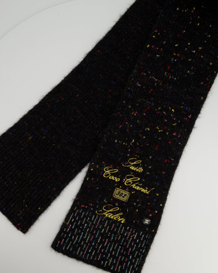 Top Quality Chanel Charcoal Alpaca Wool Scarf With Multi Colour Sequin Details and Gold Embroidery
