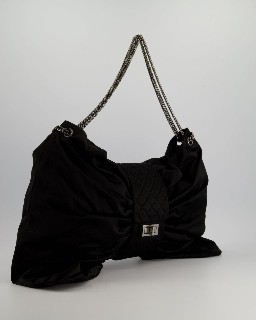 Top Quality Chanel Black Large Satin Bow Reissue Shoulder Bag with Quilted Flap Detail and Silver Hardware