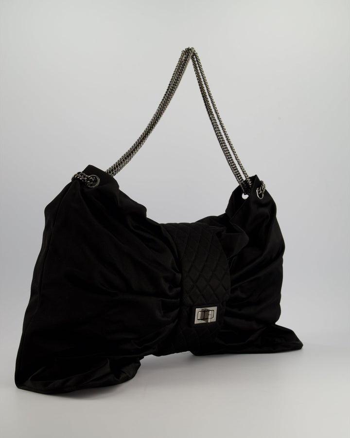 Top Quality Chanel Black Large Satin Bow Reissue Shoulder Bag with Quilted Flap Detail and Silver Hardware