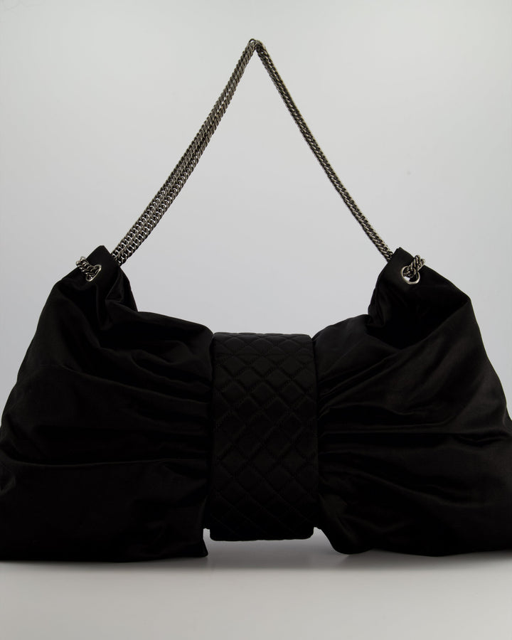 Top Quality Chanel Black Large Satin Bow Reissue Shoulder Bag with Quilted Flap Detail and Silver Hardware
