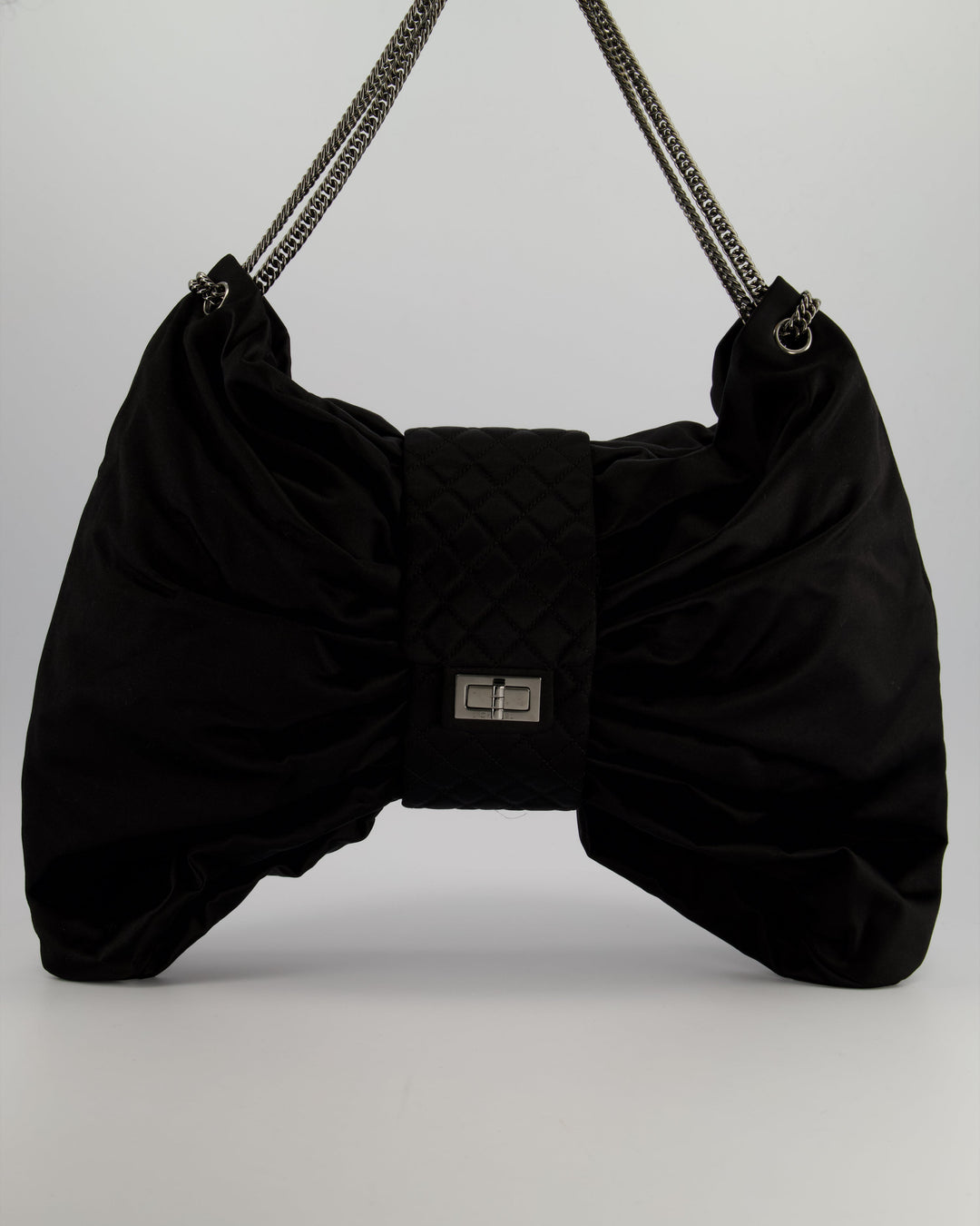 Top Quality Chanel Black Large Satin Bow Reissue Shoulder Bag with Quilted Flap Detail and Silver Hardware