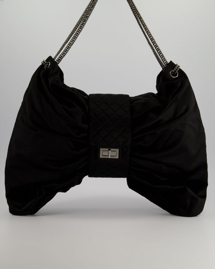 Top Quality Chanel Black Large Satin Bow Reissue Shoulder Bag with Quilted Flap Detail and Silver Hardware