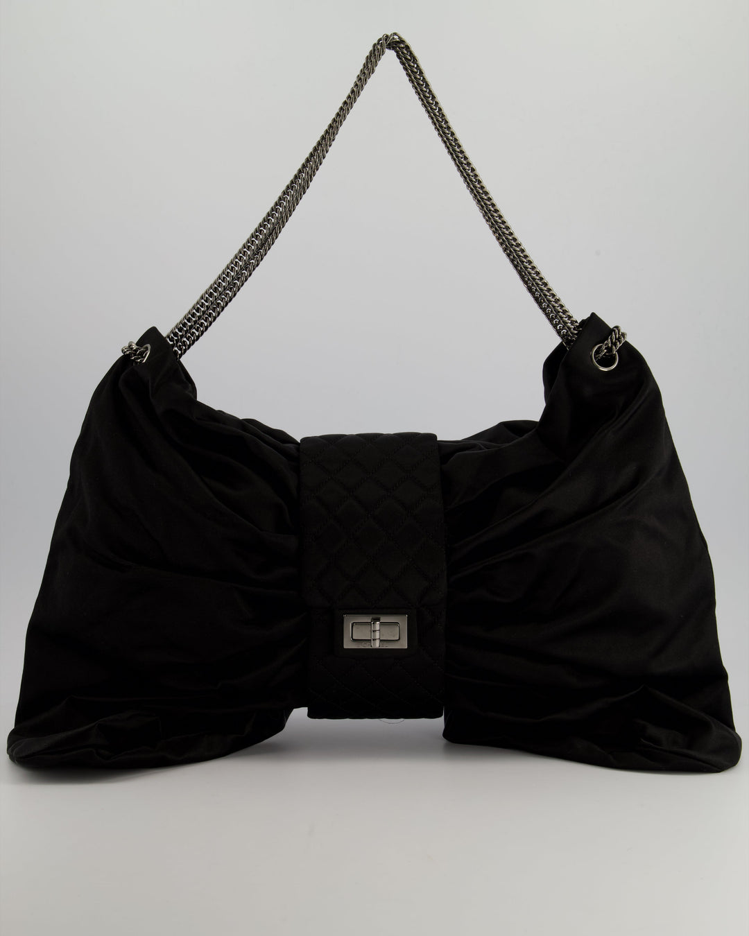Top Quality Chanel Black Large Satin Bow Reissue Shoulder Bag with Quilted Flap Detail and Silver Hardware