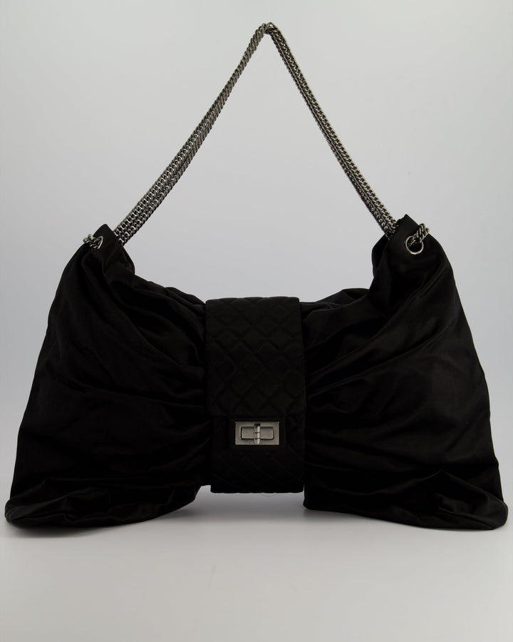 Top Quality Chanel Black Large Satin Bow Reissue Shoulder Bag with Quilted Flap Detail and Silver Hardware