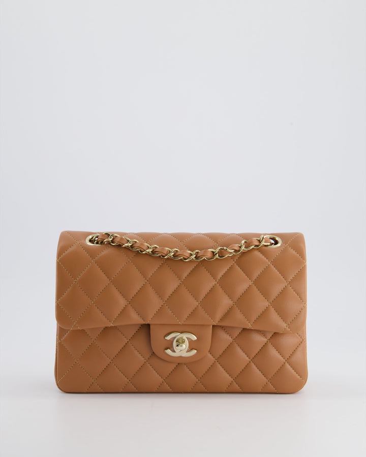 *SUPER RARE* Top Quality Chanel 22S Caramel Brown Small Double Flap Bag in Lambskin Leather with Champagne Gold Hardware