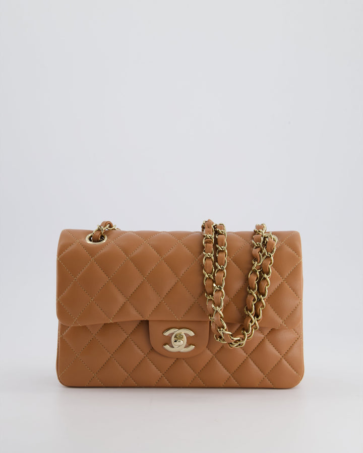 *SUPER RARE* Top Quality Chanel 22S Caramel Brown Small Double Flap Bag in Lambskin Leather with Champagne Gold Hardware