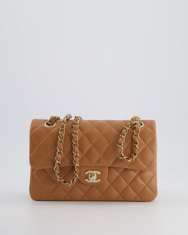 *SUPER RARE* Top Quality Chanel 22S Caramel Brown Small Double Flap Bag in Lambskin Leather with Champagne Gold Hardware