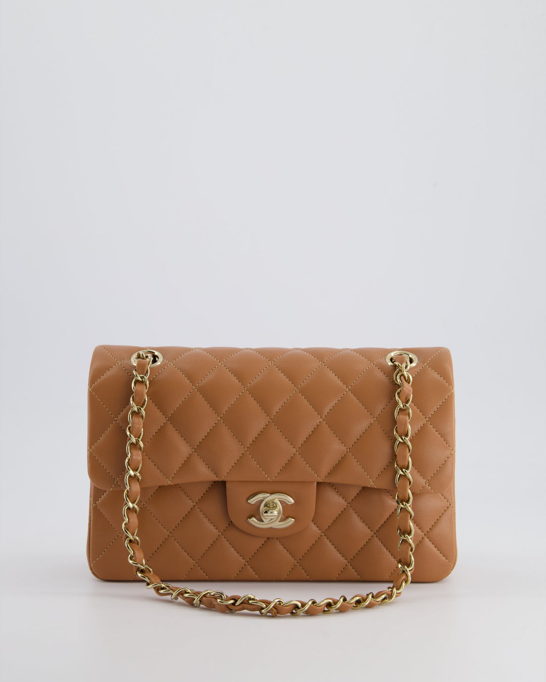 *SUPER RARE* Top Quality Chanel 22S Caramel Brown Small Double Flap Bag in Lambskin Leather with Champagne Gold Hardware