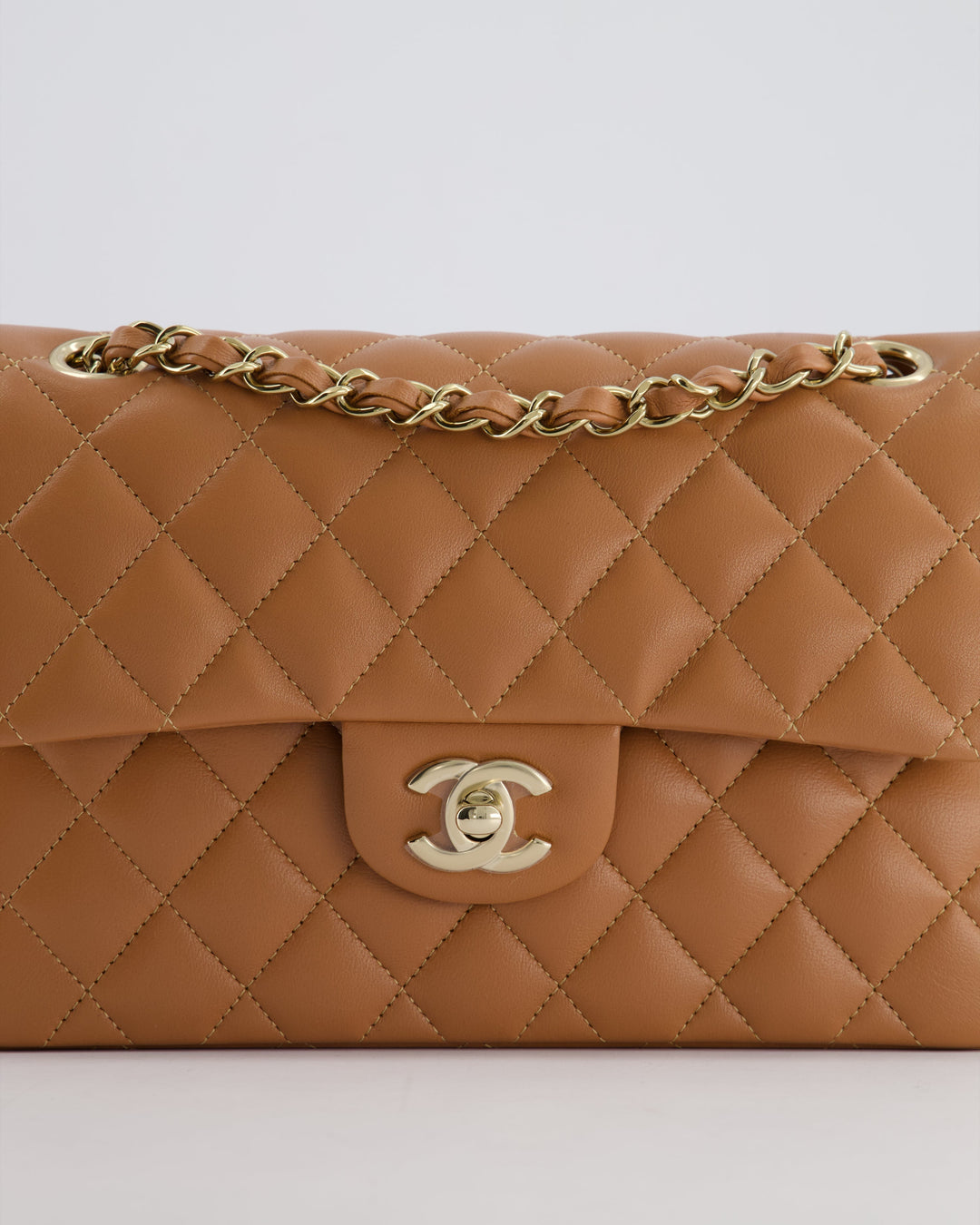 *SUPER RARE* Top Quality Chanel 22S Caramel Brown Small Double Flap Bag in Lambskin Leather with Champagne Gold Hardware