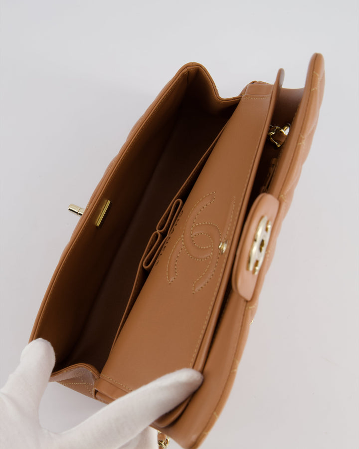 *SUPER RARE* Top Quality Chanel 22S Caramel Brown Small Double Flap Bag in Lambskin Leather with Champagne Gold Hardware