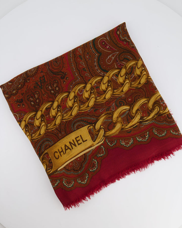 Top Quality Chanel Deep Red Scarf with Gold Chain Prints and Top Quality Chanel Details Size 130x130