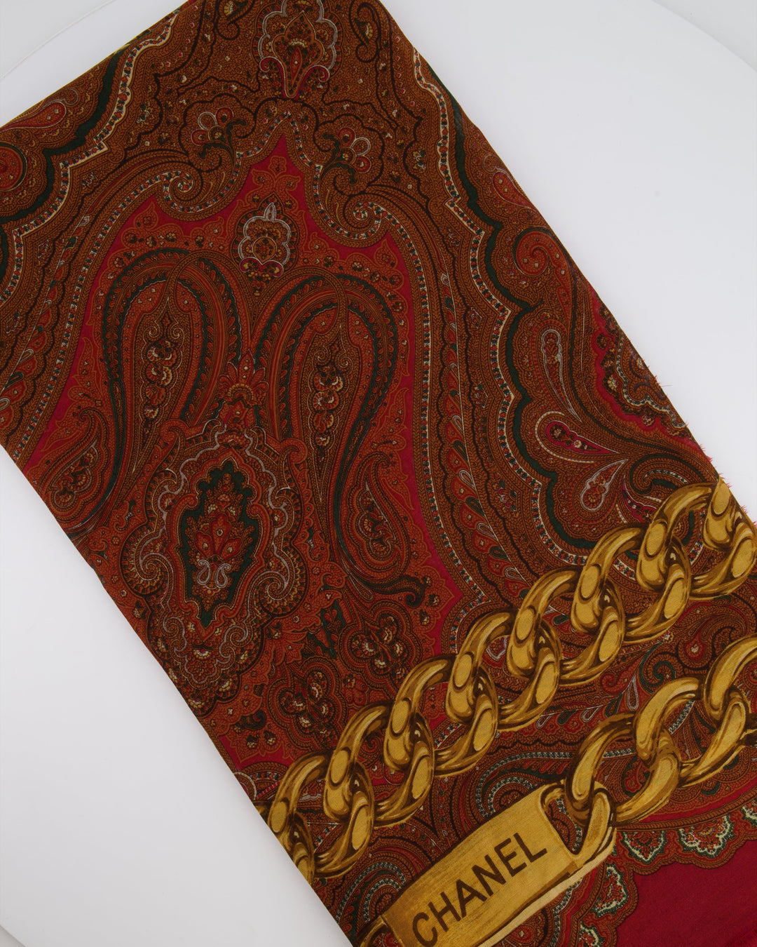 Top Quality Chanel Deep Red Scarf with Gold Chain Prints and Top Quality Chanel Details Size 130x130
