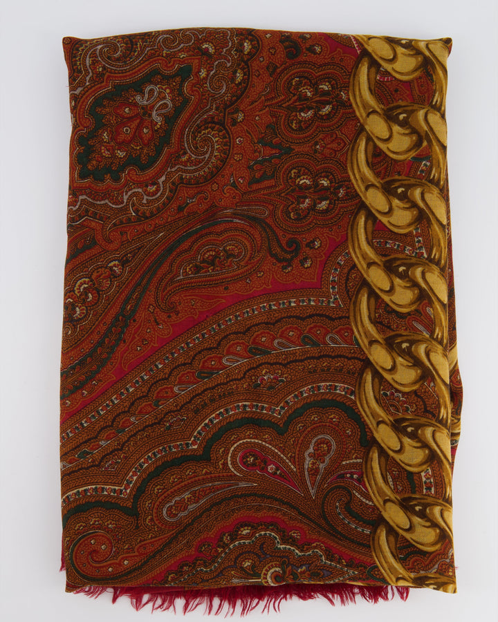 Top Quality Chanel Deep Red Scarf with Gold Chain Prints and Top Quality Chanel Details Size 130x130