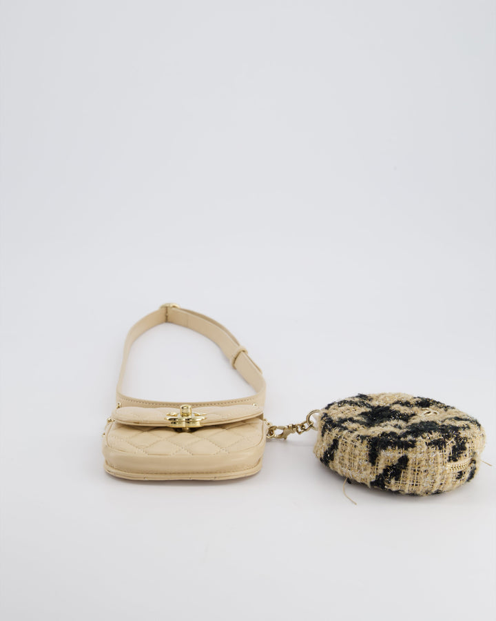 Top Quality Chanel 19/K Beige Lambskin Belt Bag with Tweed Pouch and Champagne Gold Hardware