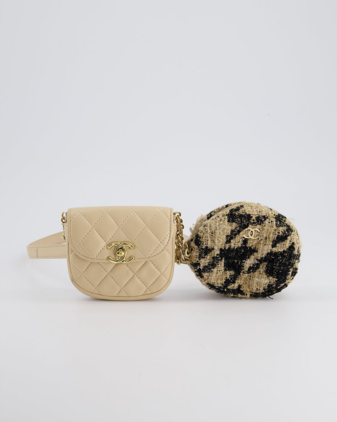 Top Quality Chanel 19/K Beige Lambskin Belt Bag with Tweed Pouch and Champagne Gold Hardware