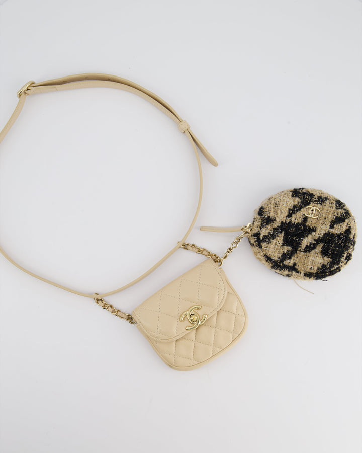 Top Quality Chanel 19/K Beige Lambskin Belt Bag with Tweed Pouch and Champagne Gold Hardware