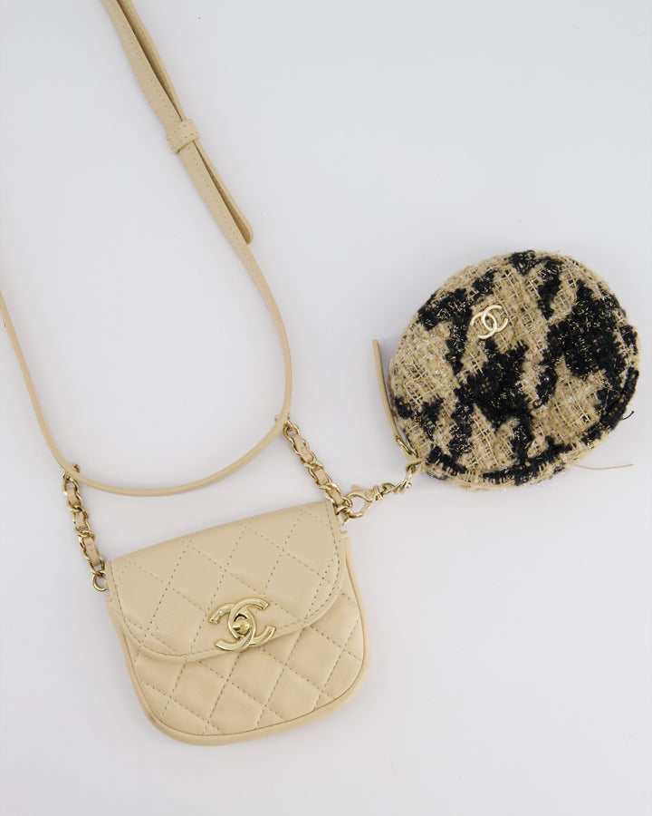 Top Quality Chanel 19/K Beige Lambskin Belt Bag with Tweed Pouch and Champagne Gold Hardware