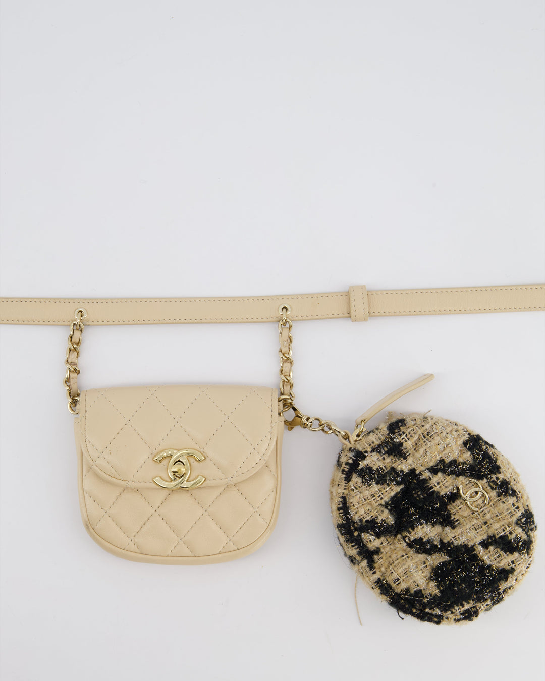 Top Quality Chanel 19/K Beige Lambskin Belt Bag with Tweed Pouch and Champagne Gold Hardware